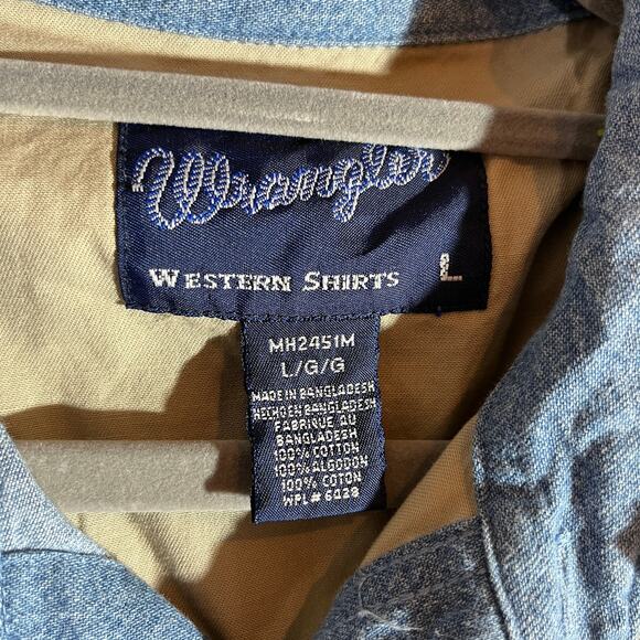 Wangler Western Shirt Mens‎ Large Beige Blue Denim Aztec Button Up Cowboy Rodeo - Picture 7 of 10